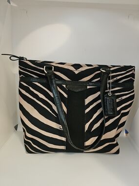 Coach Zebra-Print Canvas Tote Bag in Black and Beige
